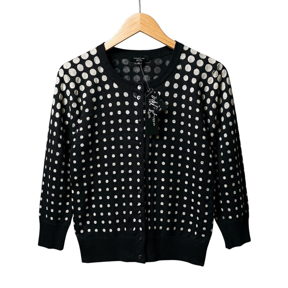 Spense Knits Black Neutral Polka Dot Button Front Cardigan Size M  NWT